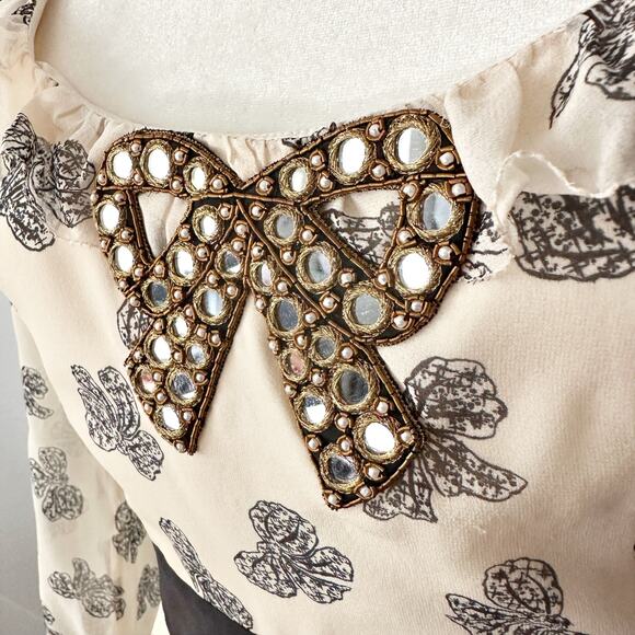 NWOT Saloni Denise Bow Print Silk Midi Dress Cream & Black Women's Size 2 - Picture 4 of 15